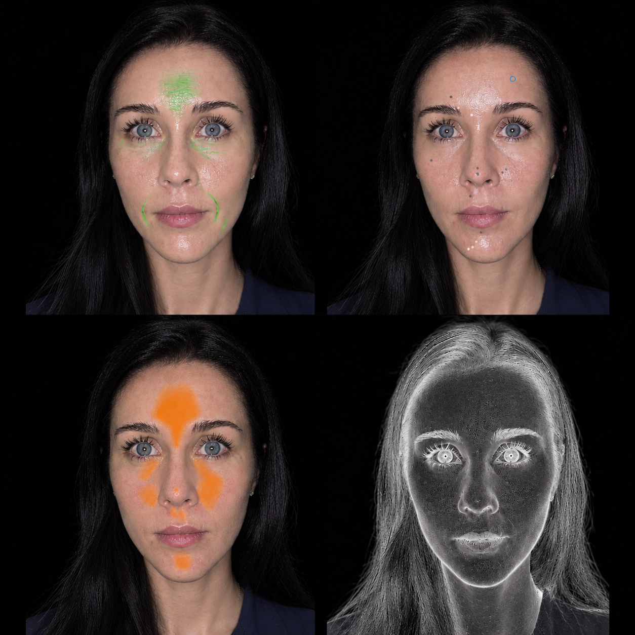 Vierfache Hautanalyse eines Gesichts: Linienkarte, Punkte, Arealen und Strukturkarte